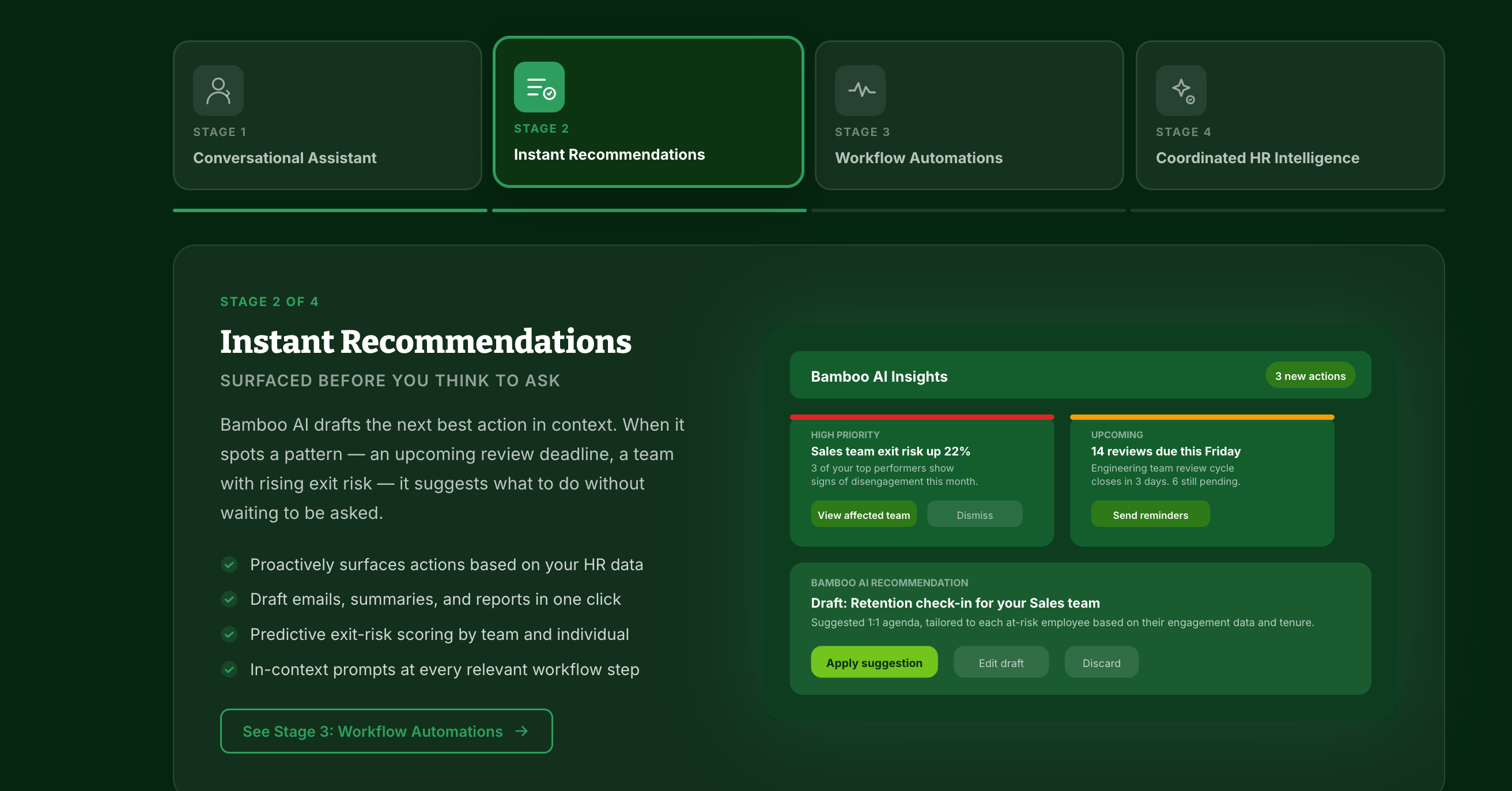 Bamboo AI Stage 2 — Instant Recommendations showing exit risk alerts and retention suggestions